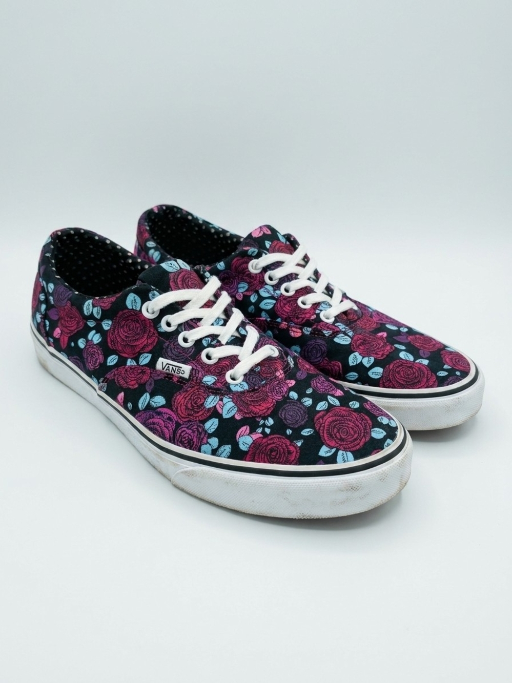 Vans Women's Black Canvas Sneakers with Pink Floral & Blue Accents
